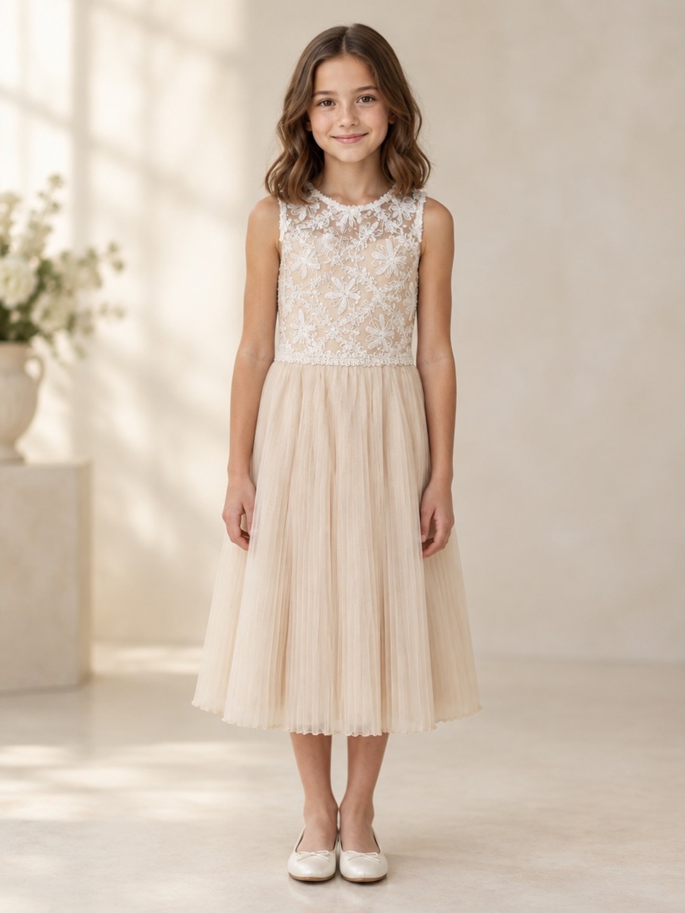 Rare Editions Cream Lace Bodice Tulle Midi Dress